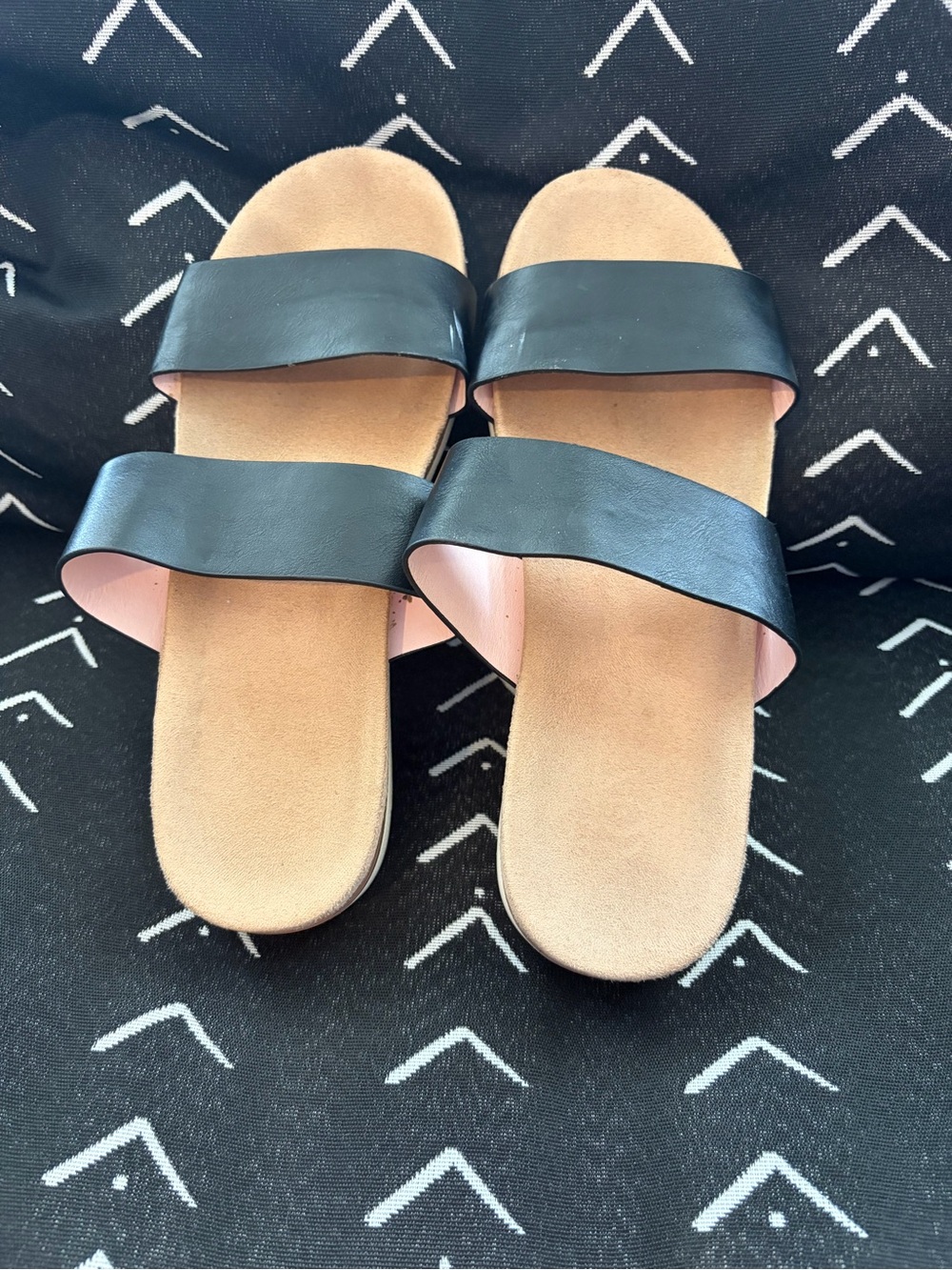 XOXO Black “Dylan” Double-Strap Slide Sandals with Tan Footbed